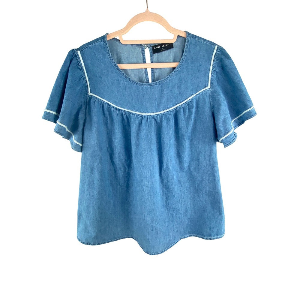 Lane Bryant Womens Denim Blouse Size 20 Chambray Flutter Sleeve Cottagecore